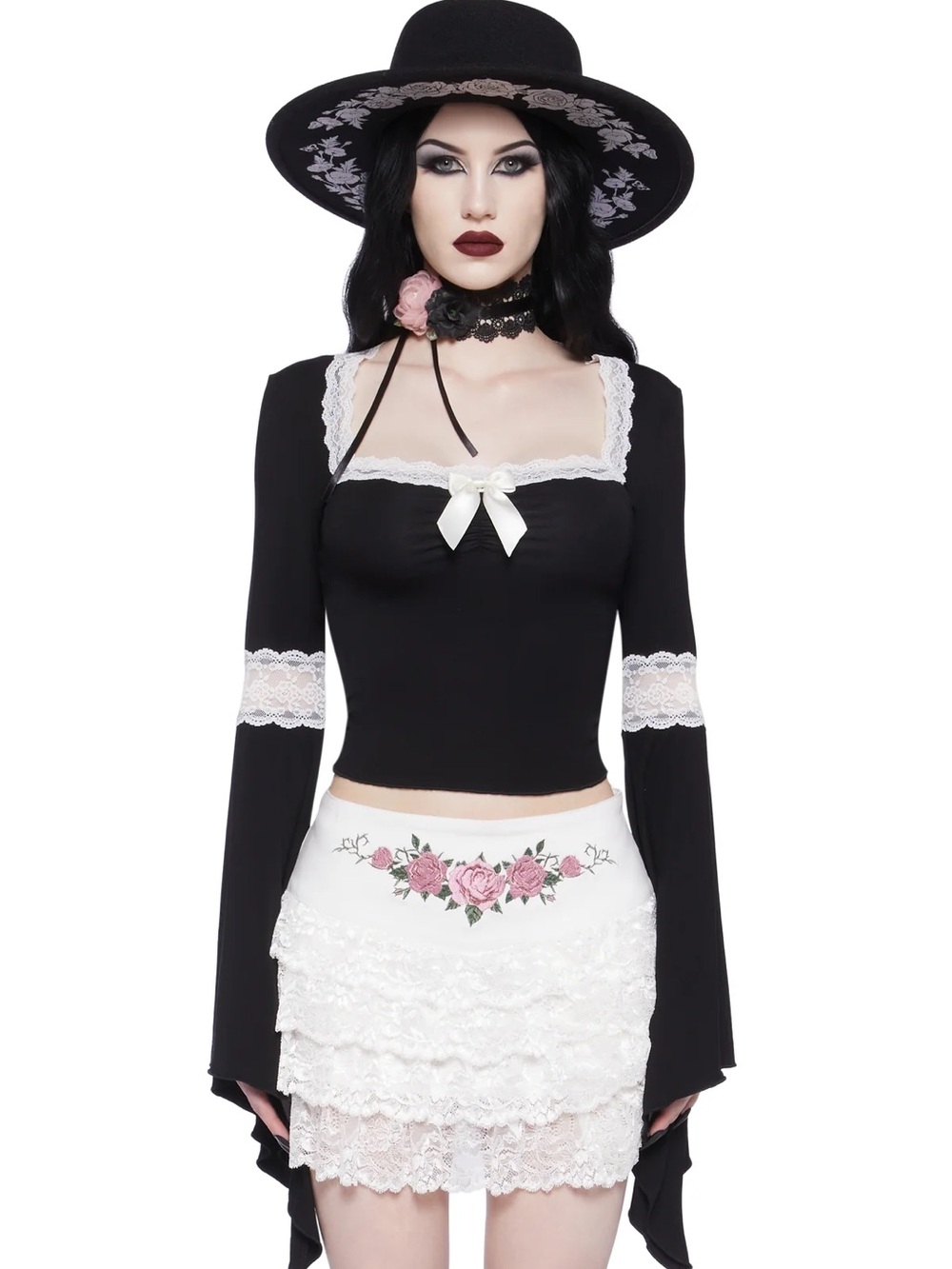 Widow Hardcore Goth Long Bell Sleeve Lace Top, L (BNWT)